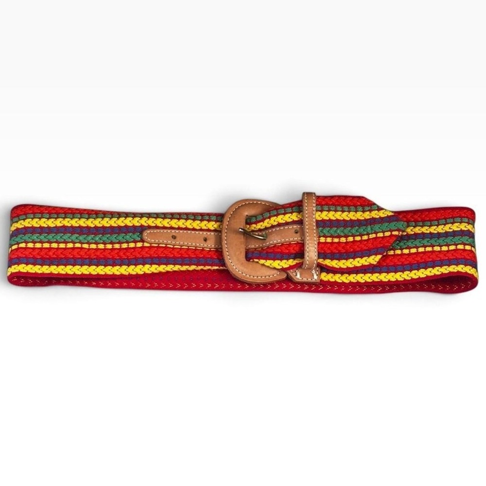 Vintage Woven Multi Color Striped Fabric Belt Tan Leather Buckle Boho Wide